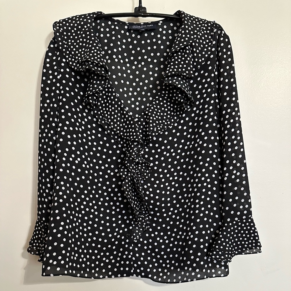 Jones New York Signature Black and White Polka Dot Ruffled Blouse, Size L